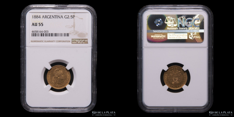 Argentina. 2.5 Pesos 1884. Medio Argentino. Solo 421 ejemplares acuñados. Muy ra...