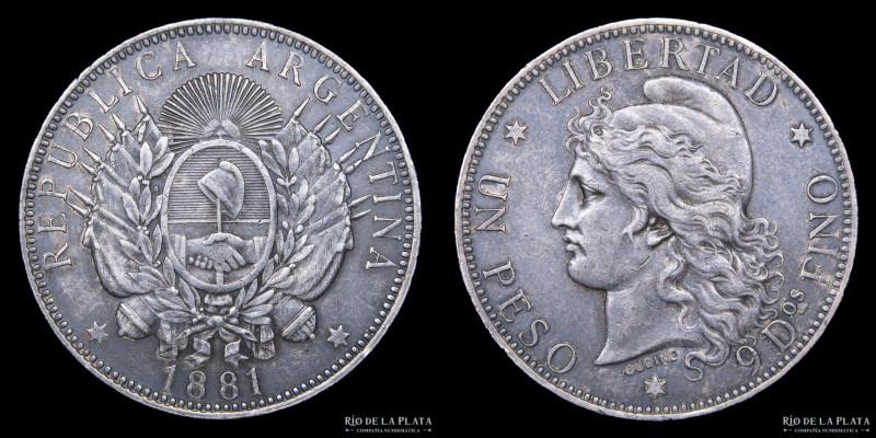 Argentina. 1 Peso 1881 Patacón. Plata 900; 37.0mm; 25.01g. Fecha escasa. Solo 62...