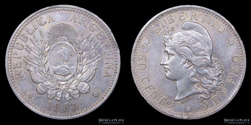 Argentina. 50 Centavos 1883. Plata 900; 30.1mm; 12.5g. Buenos Aires mint. CJ 17;...