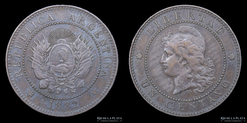 Argentina. 1 Centavo 1882. Buenos Aires mint. Cobre; 25.0mm; 4.96g. Fecha escasa...