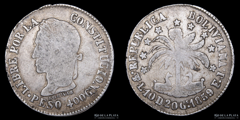 Bolivia. 8 Soles 1859 FJ. PESO. Plata 903; 34mm;20g. KM138; Frías V2 (VF) Muy es...