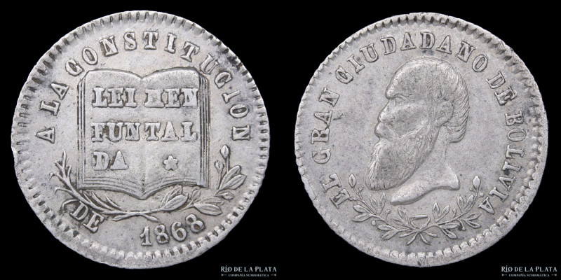 Bolivia 1 Sol 1868. Medalla Monetaria. Plata 900; 18mm; 2.34g. PROMULGACIÓN DE L...