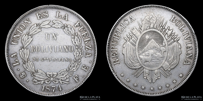 Bolivia. 1 Boliviano 1874 FE. 9 estrellas. Plata 900; 37mm; 24.64g. KM160.1 (VF+...