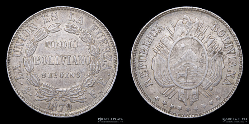 Bolivia. 50 Centavos 1879 FE. Importante rotura de cuño. Plata 900; 30mm; 12.41g...