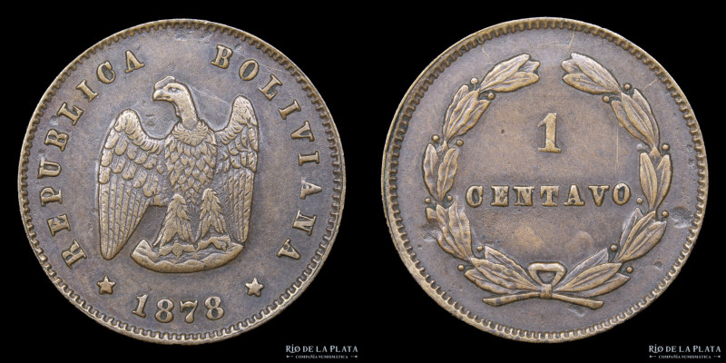 Bolivia. 1 Centavo 1878. Condorito. Cobre; 20mm; 3.0g. KM162 (XF) Rara en esta c...