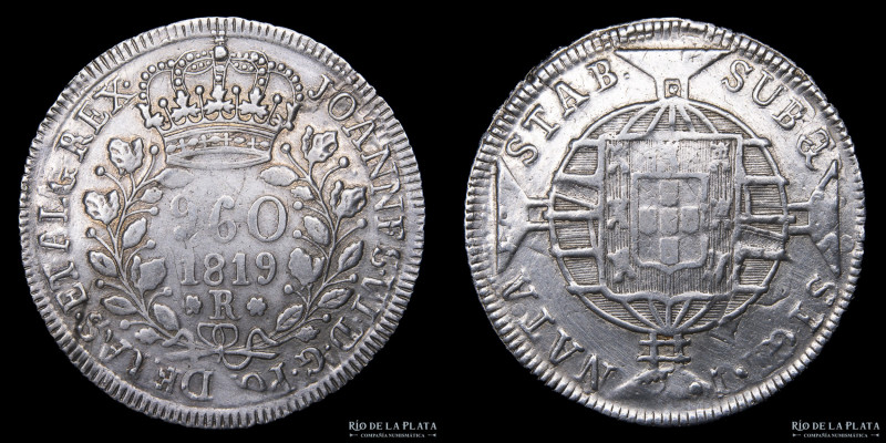 Brasil. Joao VI. 960 Reis 1819 R. 8 Reales de Santiago de Chile, con marca de ce...