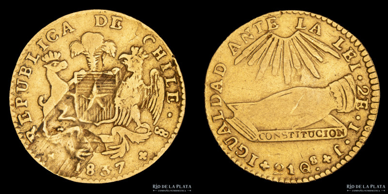 Chile. 2 Escudos 1837 IJ. Oro 875; 22mm; 5.93g. KM97. (VF) Deslaminado

USD 30...