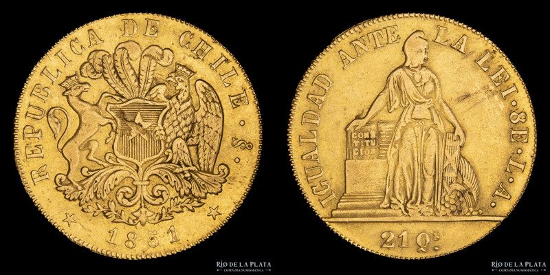 Chile. 8 Escudos 1851 LA. Oro 875; 35.5mm; 27.09g. KM105 (XF) Rayitas superficia...