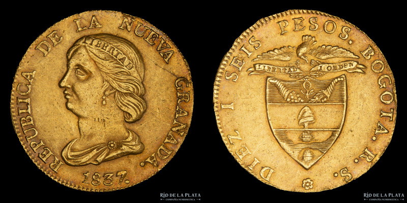 Colombia. 16 Pesos 1837 RS. Bogotá. Oro 875; 36mm; 26.85g. KM94.1 (XF+)

USD 2...