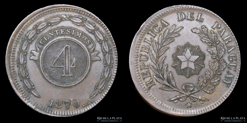 Paraguay. 4 Centavos 1870. Error: Acuñación ligeramente descentrada. Cobre; 36mm...