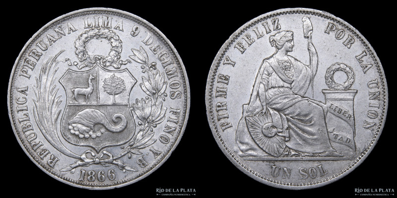 Perú. 1 Sol 1866 YB. Plata 900; 37.0mm; 24.88g. KM196.1 (XF)

USD 40 - 80

N...