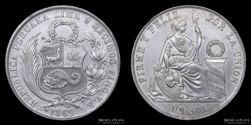 Perú. 1 Sol 1869 YB. Plata 900; 37mm; 24.88g. KM196.3 (XF)

USD 40 - 80

Not...