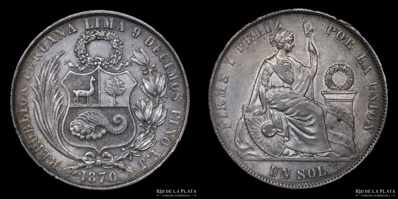 Perú. 1 Sol 1870 YJ. Plata 900; 38.0mm; 25.02g. KM196.3 (XF)

USD 25 - 50

N...