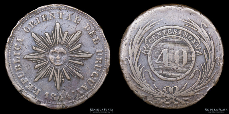 Uruguay. 40 Centésimos 1844. Cobre; 38.0mm; 40g. Solo 65.000 acuñadas en la Casa...