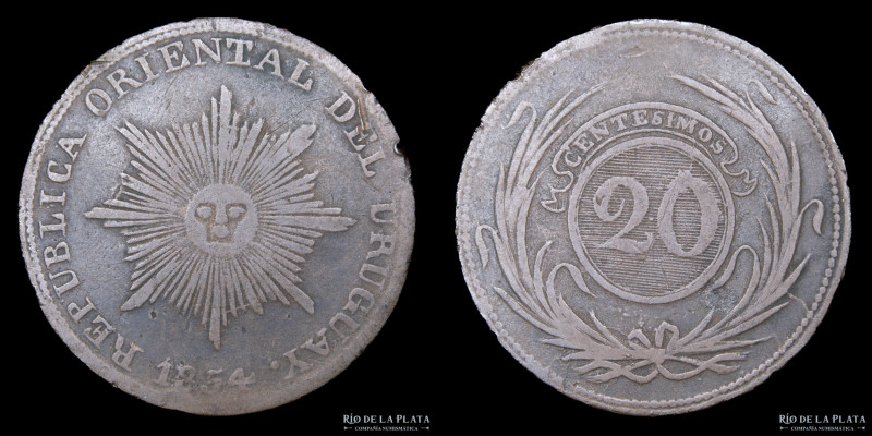 Uruguay. 20 Centésimos 1854. Cobre; 37.5mm; 21.11g. Solo 50.000 acuñadas en la C...