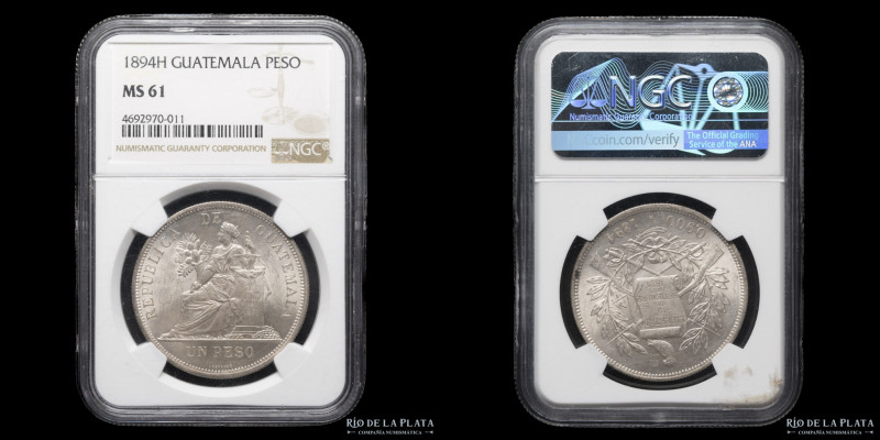 Guatemala. 1 Peso 1894. Plata 900; 37.0mm. KM210. Encapsulada por NGC MS61. 

...