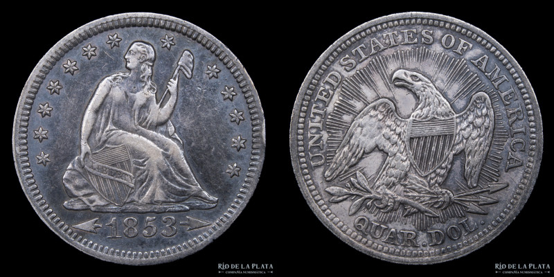 USA. Quarter Dollar 1853. Arrows and Rays. Plata 900; 24mm; 6.16g. KM78 (XF)

...