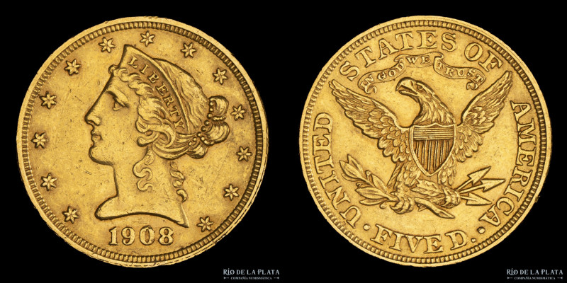 USA. 5 Dollars 1908. Coronet Head. Oro 900; 21.6mm; 8.36g. KM101 (XF)

USD 600...