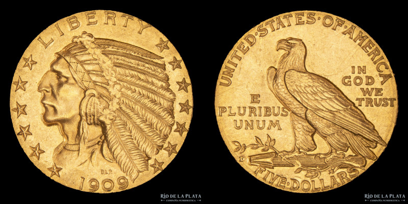 USA. 5 Dollars 1909 D. Indian Head. Denver mint. Oro 900; 21.6mm; 8.39g. KM129 (...
