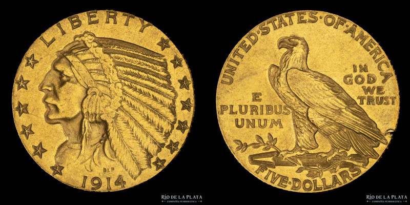 USA. 5 Dollars 1914. Indian Head. Oro 900; 21.6mm; 8.22g. KM129 (XF)

USD 600 ...