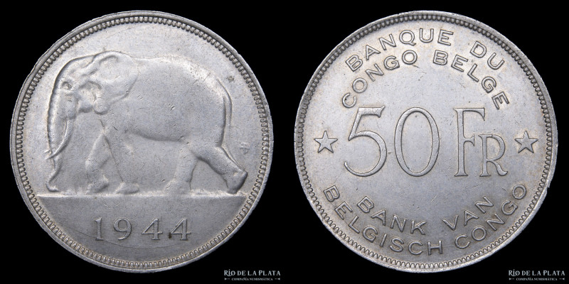 Congo Belga. Leopold III (1934-1951) 50 Francs 1944. Plata 600; 35mm; 17.45g. KM...