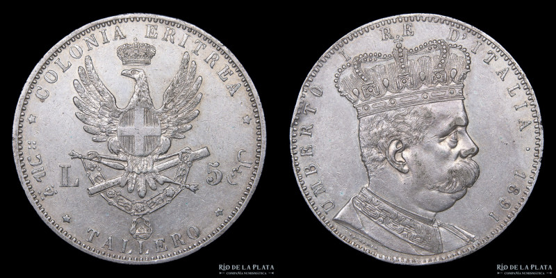 Italian Eritrea. Umberto I (1889-1900) 5 Lire 1891 M. Milan mint. Plata 835; 40....