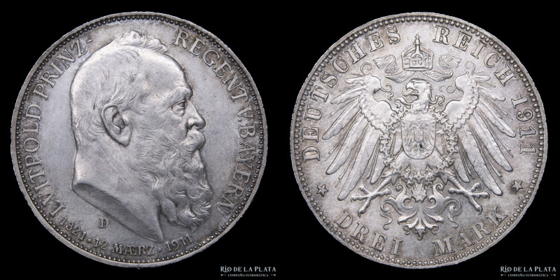 German States. Bavaria. Luitpold (1886-1912) 3 Mark 1911 D. Munich mint. Plata 9...