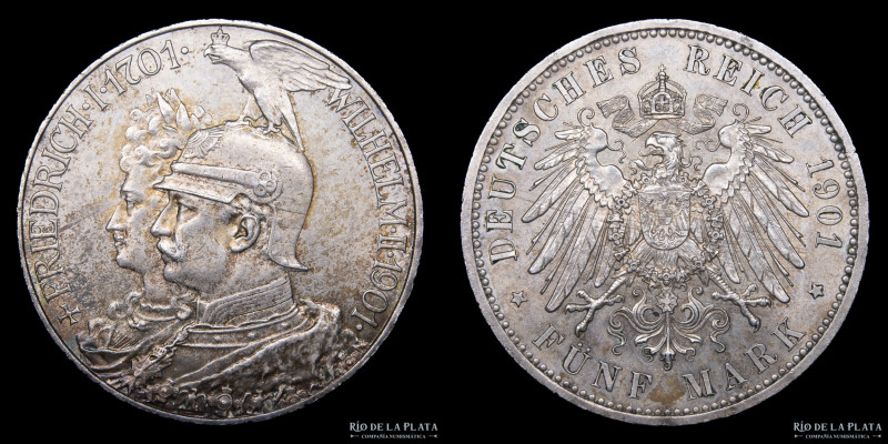 German States. Prussia. Wilhem II (1888-1918) 5 Mark 1901 A. Berlín. Plata 900; ...