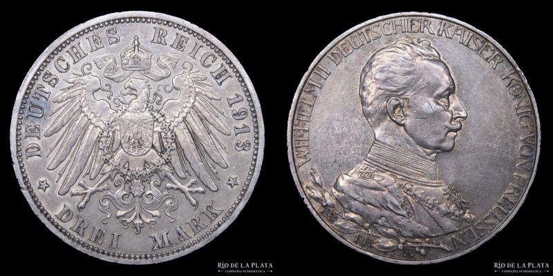 German States. Prussia. Wilhem II (1888-1918) 3 Mark 1913 A. Berlín. Plata 900; ...