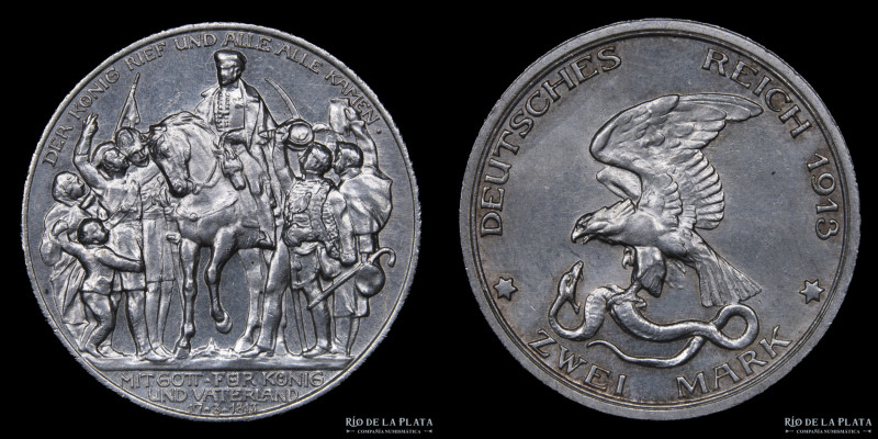 German States. Prussia. Wilhem II (1888-1918) 2 Mark 1913 A. Berlín. Plata 900; ...
