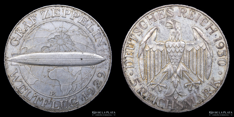 Alemania. Weimar. 5 Reichsmark 1930E "Zeppelin". Muldenhutten mint, solo 30.000 ...