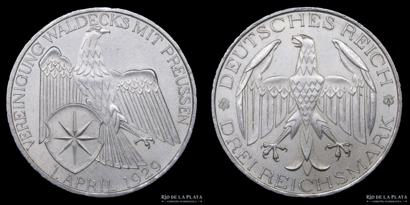 Alemania. Weimar. 3 Reichsmark 1929A "Vereinigung Waldeck". Berlin mint. Plata 5...