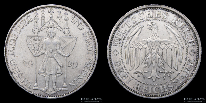 Alemania. Weimar. 3 Reichsmark 1929E "Meissen". Muldenhutten mint. Plata 500; 30...