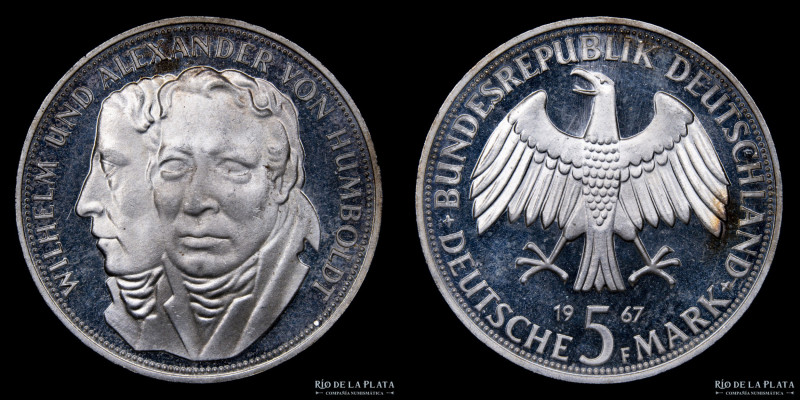 Alemania. 5 Deutsche Mark 1967 F. Humbolt. Stuttgart mint. Plata 625; 29.0mm; 11...