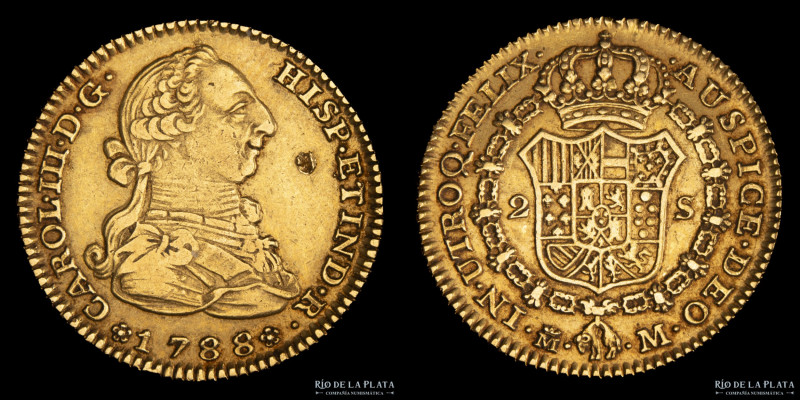 España. Carlos III (1759-1788) 2 Escudos 1788 M. Madrid. Oro 875; 21.5mm; 6.81g....