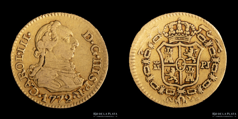 España. Carlos III (1759-1788) 1/2 Escudo 1772 PJ. Madrid. Oro 875; 15mm; 1.79g....