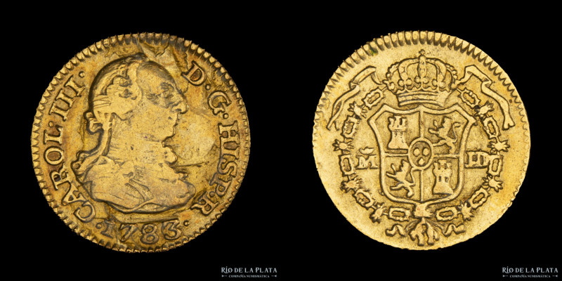 España. Carlos III (1759-1788) 1/2 Escudo 1783 JD. Madrid. Oro 875; 15mm; 1.77g....