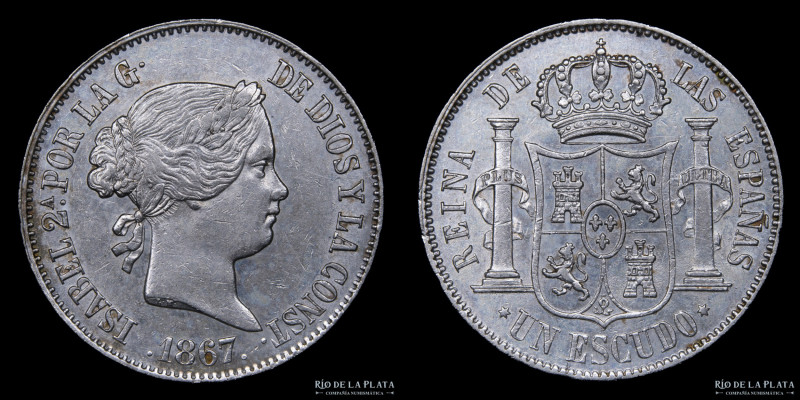España. Isabella II (1833-1868) 1 Escudo 1867. Plata 900; 30.0mm; 13.03g. KM626 ...