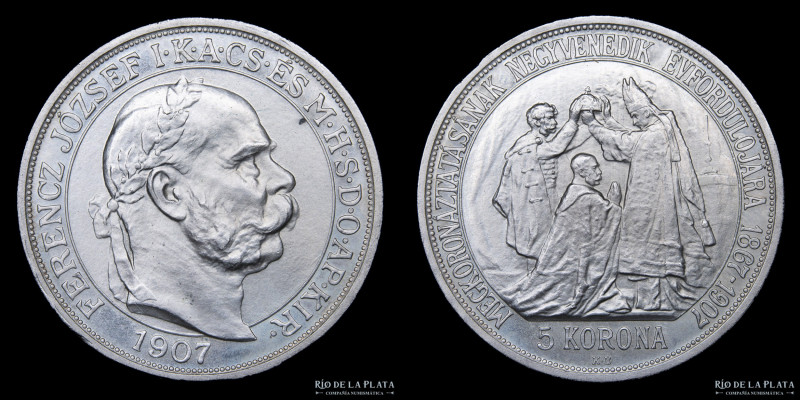 Hungría. Franz Joseph I. 5 Korona 1907. Plata 900; 36mm; 24.26g. A: FERENCZ JÓZS...