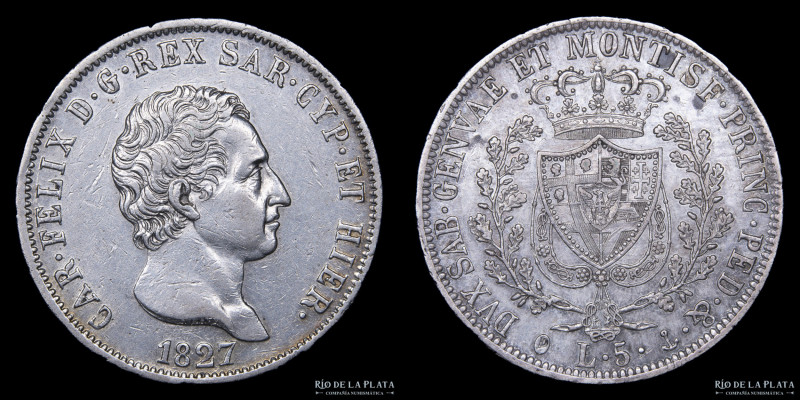 Italian States. Savoy (Duchy) Carlo Felice (1821-1831) 5 Lire 1827 P. Plata 900;...