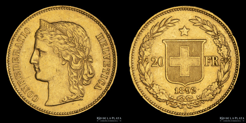 Suiza. 20 Francs 1892 B. Oro 900; 21mm; 6.48g. KM31 (XF)

USD 400 - 600

Not...