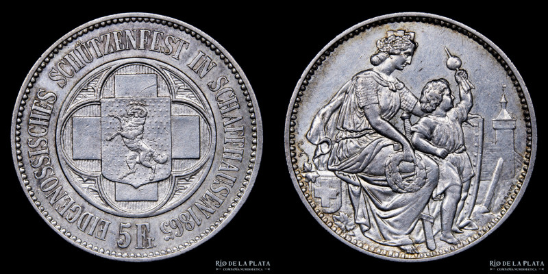 Suiza. Shooting Thaler series. 5 Francs 1865. Schaffhausen Shooting Festival. Pl...