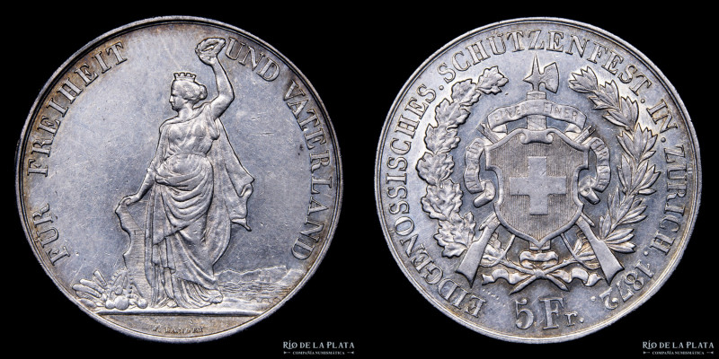 Suiza. Shooting Thaler series. 5 Francs 1872. Zurich Shooting Festival. Plata 90...