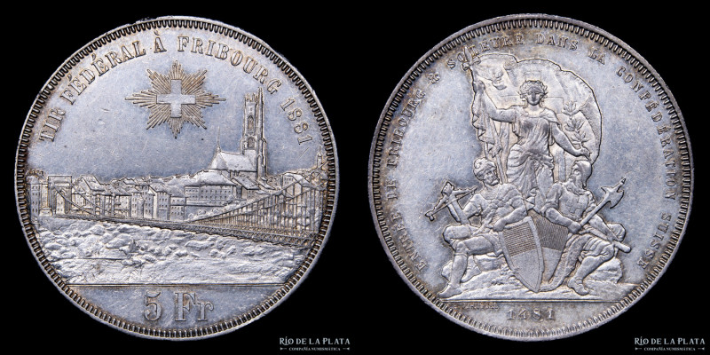 Suiza. Shooting Thaler series. 5 Francs 1881. Fribourg Shooting Festival.. Plata...