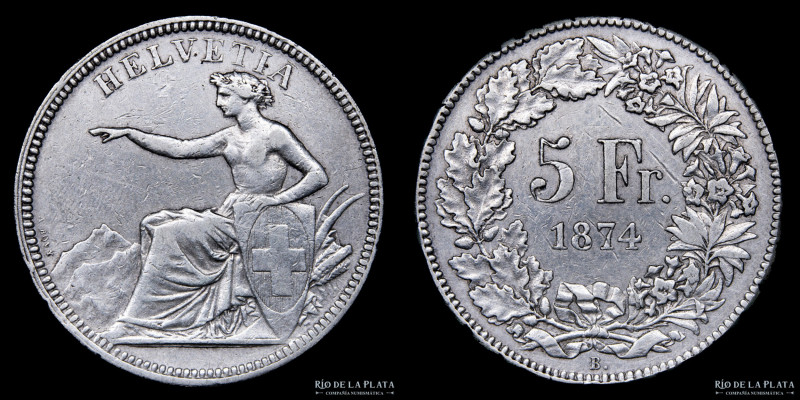 Suiza. 5 Francs 1874 B. Brussels mint, medal aligment. Plata 900; 37.0mm; 24.92g...