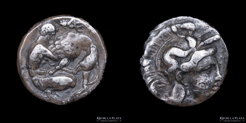 Tarentum, Calabria (c.380-325BC) Diobol. Silver; 12mm; 1.00g A: Head of Athena t...