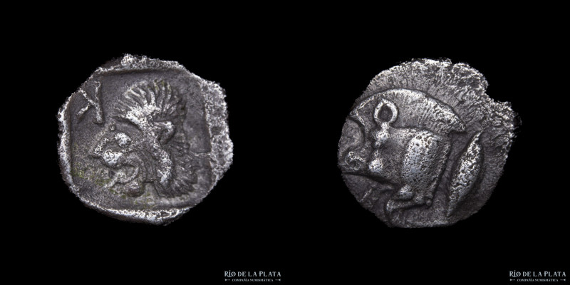 Kyzicos, Mysia (c.450-400BC) Obol. Silver; 11.5mm; 0.76g. A: Forepart of boar le...