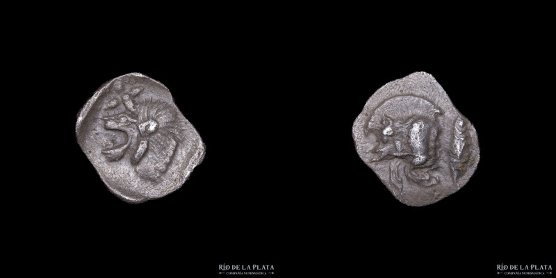 Kyzicos, Mysia (c.450-400BC) Hemiobol. Silver; 9mm; 0.43g. A: Forepart of boar l...