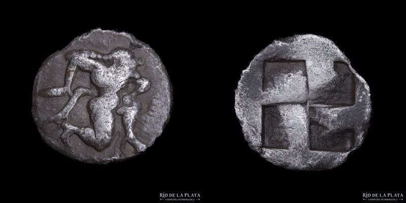 Thasos. Thrace (411-350BC) Trihemiobol. Silver; 12mm; 1.19g. A: Satyr running le...