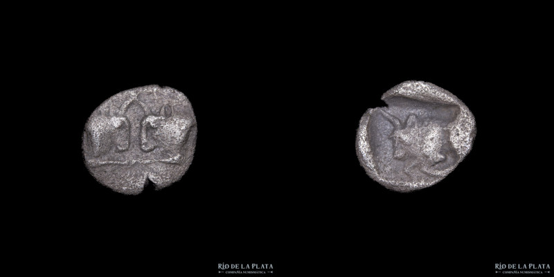 Caria. Halicarnassus (450-400BC) Tetartemorion. Silver; 6mm; 0.24g. A: Confronte...